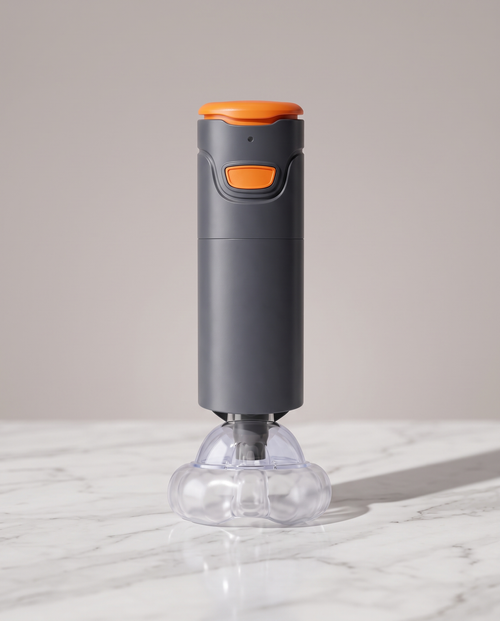 Anti-choking rescue device with clear mask, studio photo on white marble