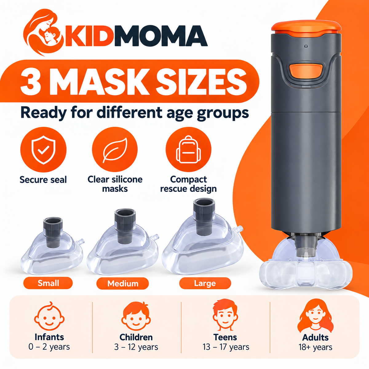 KIDMOMA three mask sizes: small, medium and large